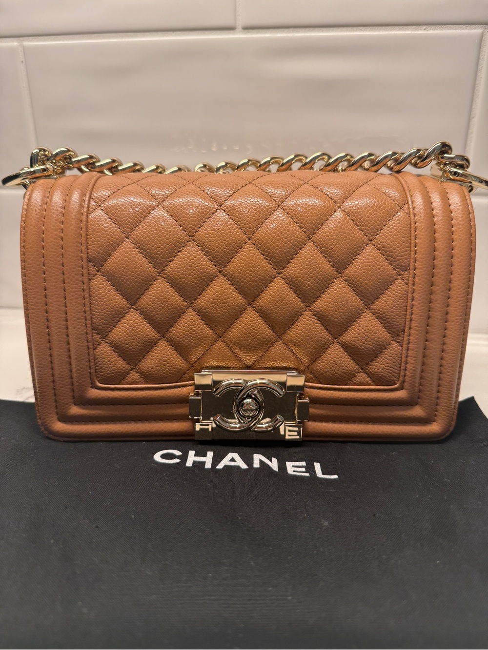CHANEL Brown Quilted Boy Flap Shoulder Bag with Gold Hardware